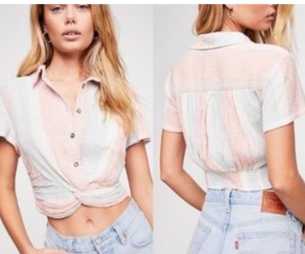 Free People Striped Twist Front Button Down Cotton Top Pink Blue Size Small
